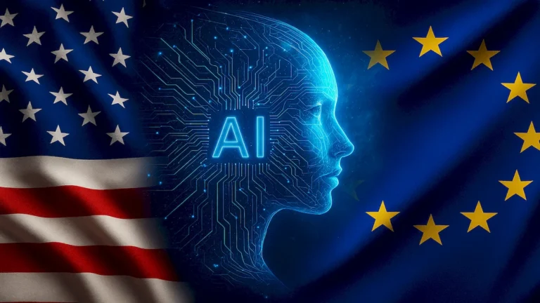 Regulação de IA com bandeiras dos EUA e União Europeia em destaque
