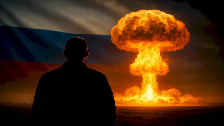 Ameaça nuclear russa representada por explosão atômica diante da bandeira da Rússia