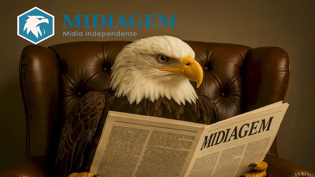 Águia lendo jornal com logotipo do site Midiagem